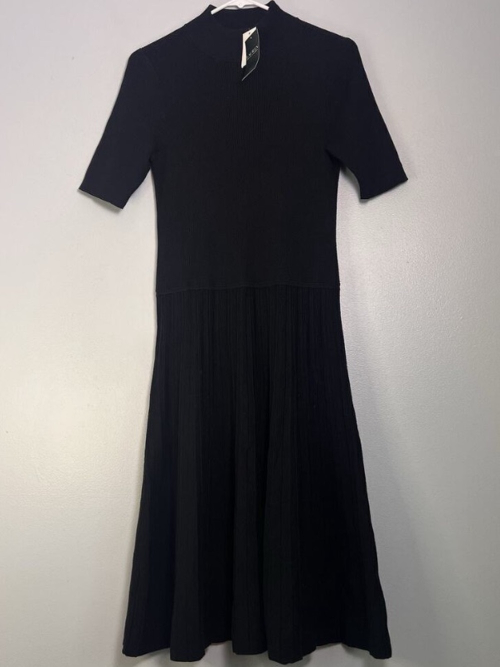 NWT LRL Short Sleeve Black Sweater Dress Mock Neck Midi Sz M Office Preppy A Lin